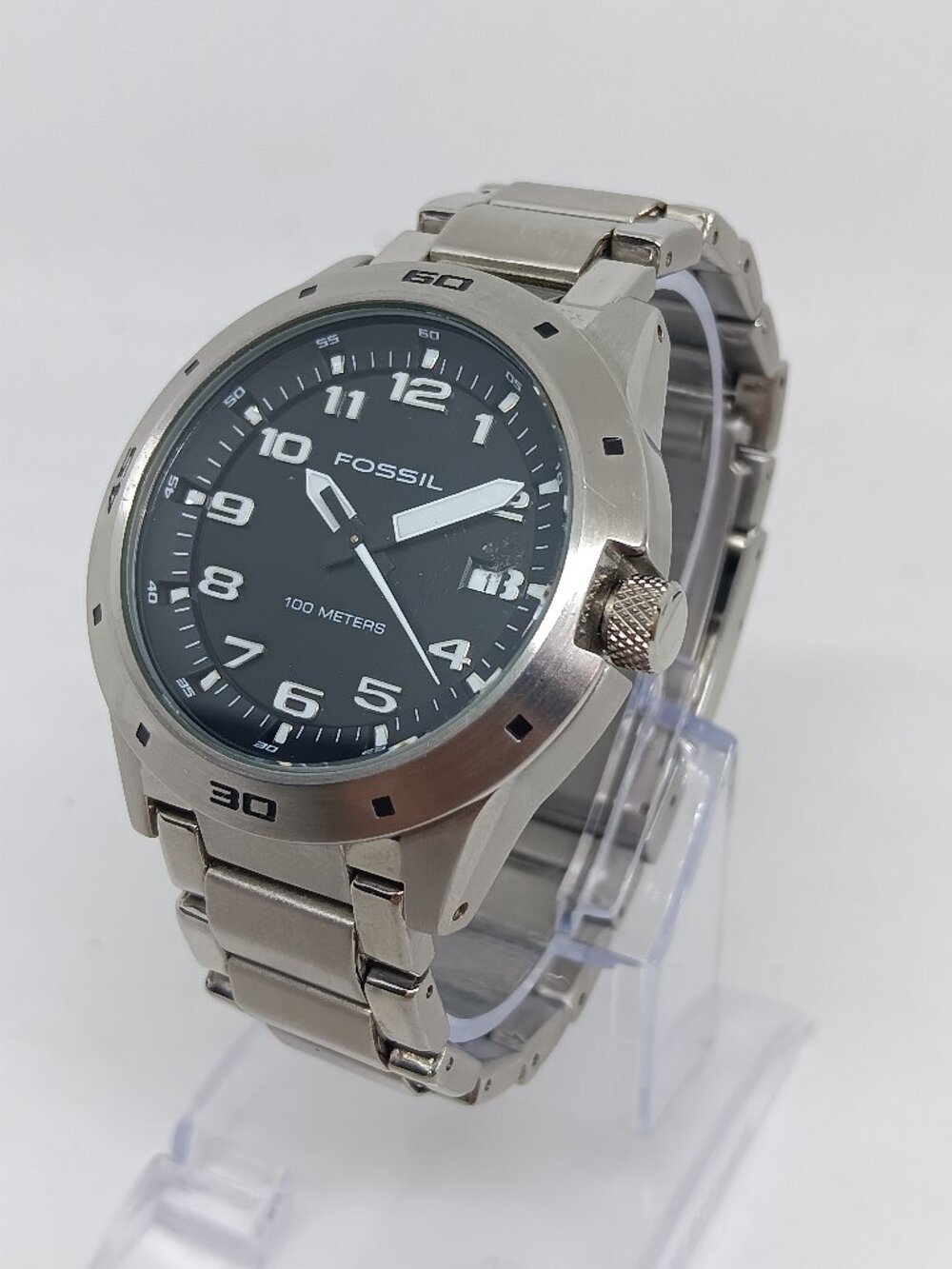 Fossil AM4173 Men's 40mm Black Dial S/Steel Date 100M Watch NEW BATTERY